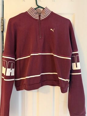 Puma Burgundy and White Half-Zip Cropped Sweatshirt
